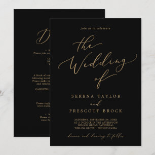 Delicate Gold Calligraphy Black All In One Wedding Invitation