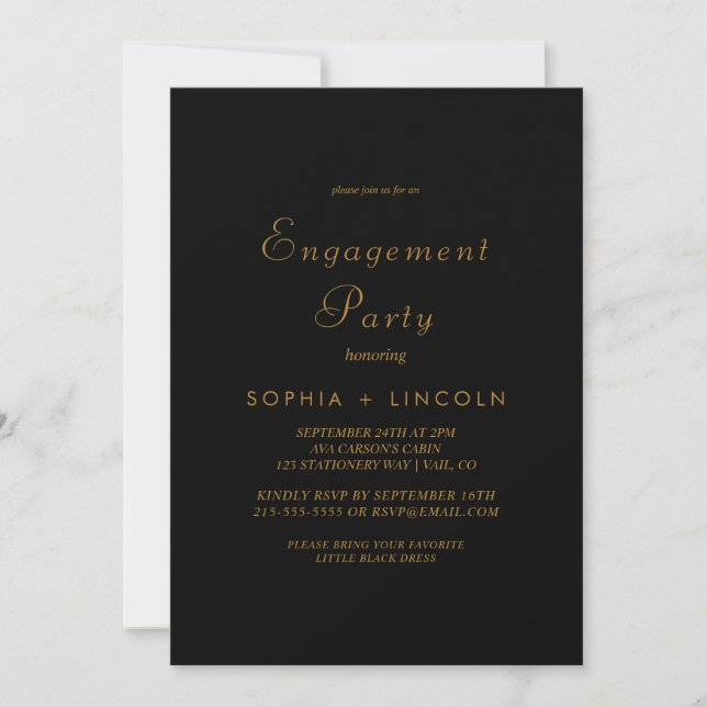 Delicate Gold Calligraphy Black Engagement Party  Invitation (Front)