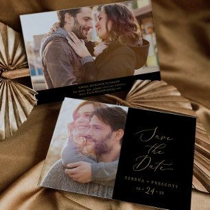 Delicate Gold Calligraphy Black Photo Save The Date