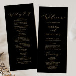 Delicate Gold Calligraphy | Black Wedding Program<br><div class="desc">This delicate gold calligraphy black wedding party program is perfect for a modern wedding. The romantic minimalist design features lovely and elegant champagne golden yellow typography on a black background with a clean and simple look. Include the name of the bride and groom, the wedding date and location, thank you...</div>
