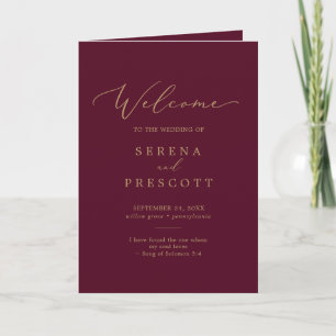 Delicate Gold Calligraphy Burgundy Folded Wedding Program
