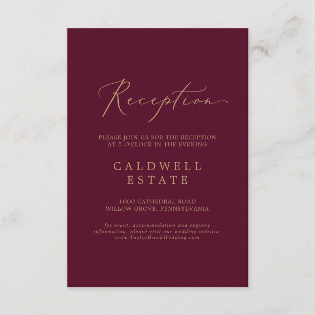 Delicate Gold Calligraphy | Burgundy Reception Enclosure Card (Front)