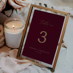 Delicate Gold Calligraphy   Burgundy Table No. Table Number