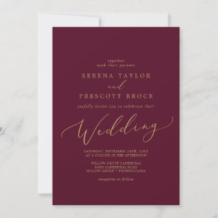 Delicate Gold Calligraphy   Burgundy Wedding Invitation