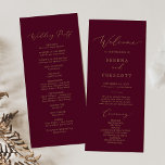 Delicate Gold Calligraphy | Burgundy Wedding Program<br><div class="desc">This delicate gold calligraphy burgundy wedding party program is perfect for a modern wedding. The romantic minimalist design features lovely and elegant champagne golden yellow typography on a burgundy red background with a clean and simple look. Include the name of the bride and groom, the wedding date and location, thank...</div>