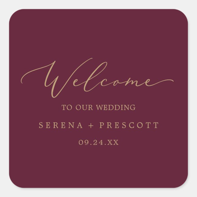 Delicate Gold Calligraphy Burgundy Wedding Welcome Square Sticker (Front)