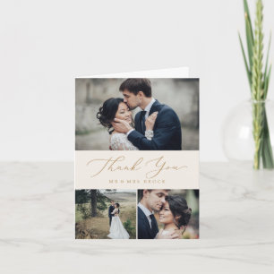 Delicate Gold Calligraphy Cream 3 Photo Collage Thank You Card