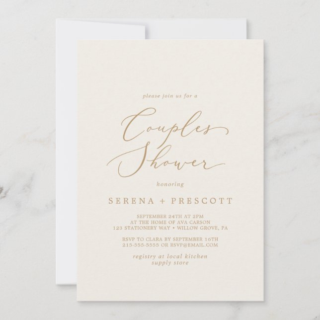 Delicate Gold Calligraphy | Cream Couples Shower Invitation (Front)