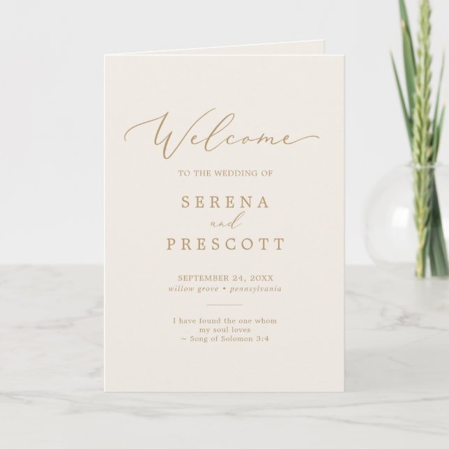 Delicate Gold Calligraphy | Cream Folded Wedding Program (Front)
