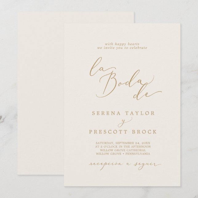Delicate Gold Calligraphy Cream La Boda De Wedding Invitation (Front/Back)