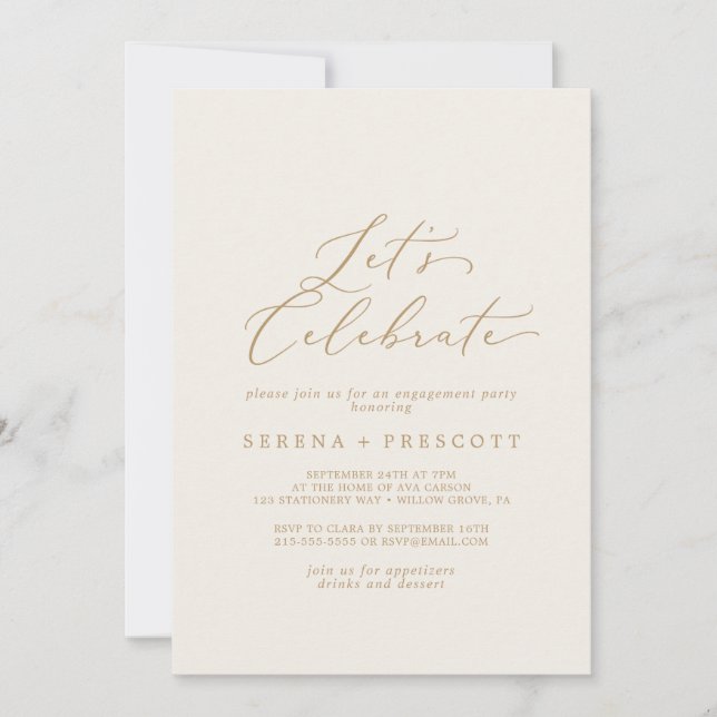 Delicate Gold Calligraphy | Cream Let's Celebrate Invitation (Front)