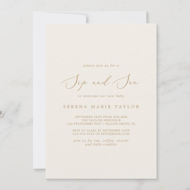 Delicate Gold Calligraphy | Cream Sip and See Invitation (Front)