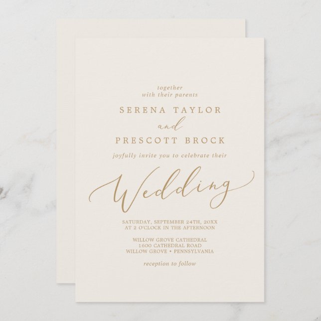 Delicate Gold Calligraphy | Cream Wedding Invitation (Front/Back)