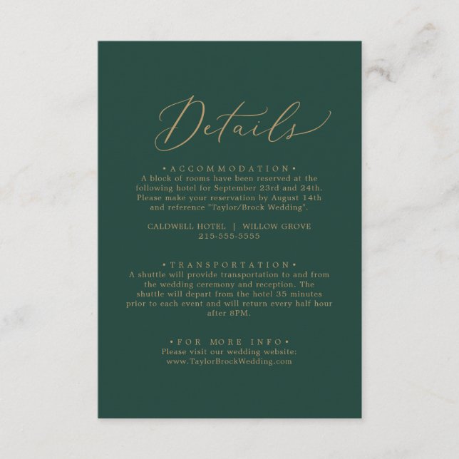 Delicate Gold Calligraphy | Green Details Enclosure Card (Front)