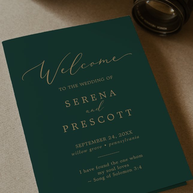 Delicate Gold Calligraphy | Green Folded Wedding Program (Creator Uploaded)