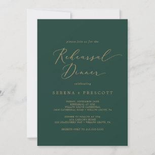 Delicate Gold Calligraphy   Green Rehearsal Dinner Invitation