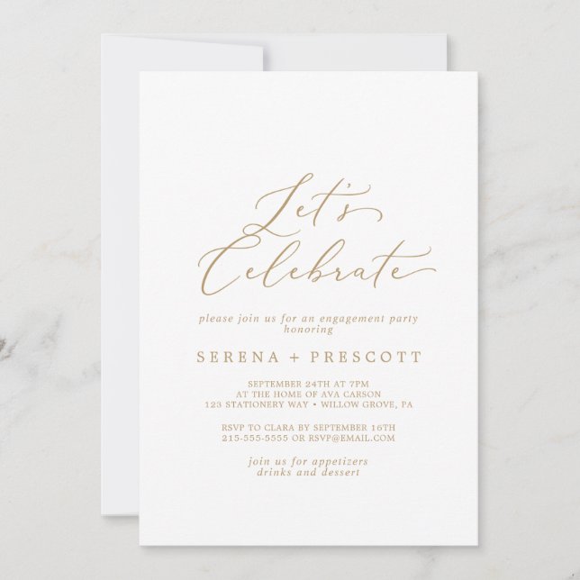 Delicate Gold Calligraphy Let's Celebrate Invitation (Front)