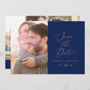 Delicate Gold Calligraphy Navy Photo Save The Date