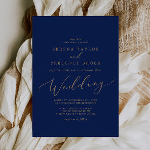 Delicate Gold Calligraphy   Navy Wedding Invitation