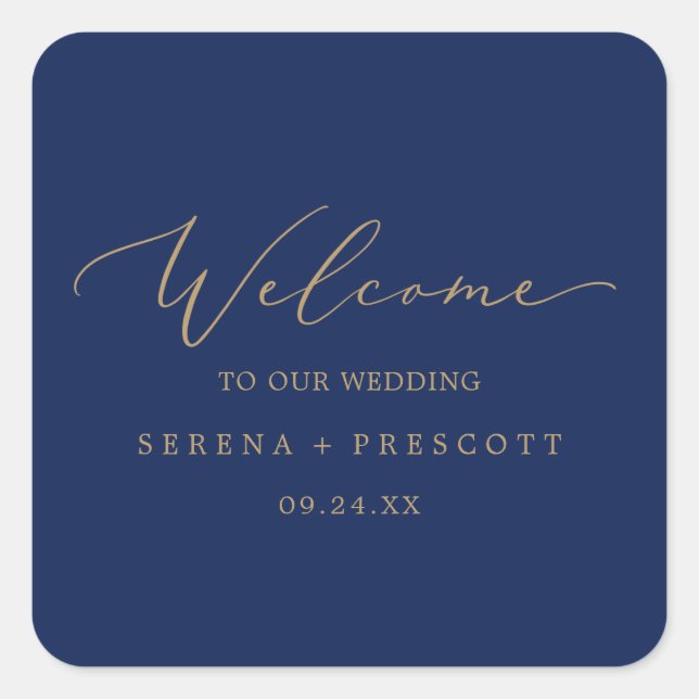 Delicate Gold Calligraphy | Navy Wedding Welcome Square Sticker (Front)