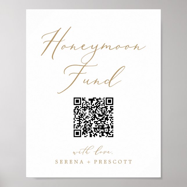 Delicate Gold Calligraphy QR Code Honeymoon Fund Poster (Front)