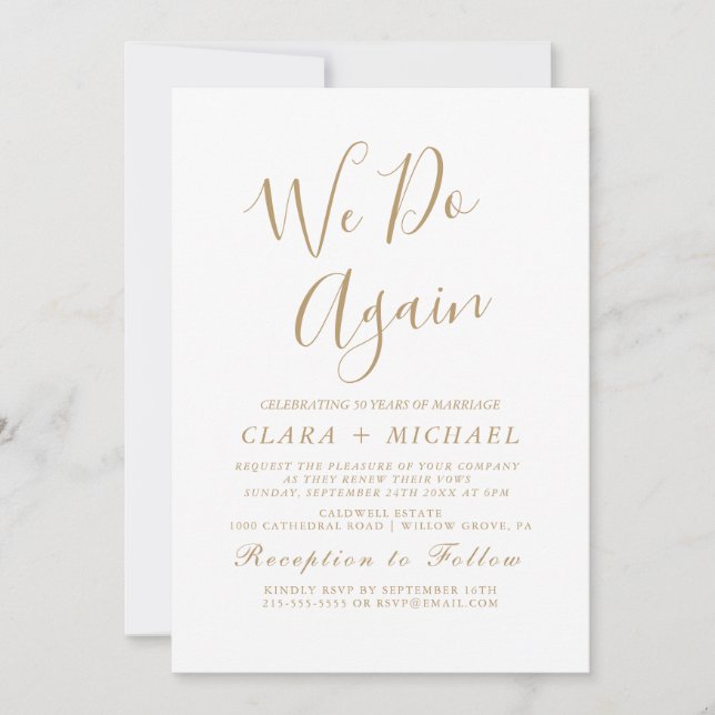 Delicate Gold Calligraphy "We Do Again" Vow Renewa Invitation (Front)