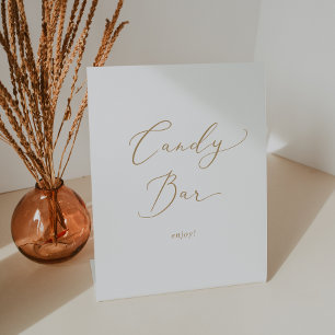 Delicate Gold Calligraphy Wedding Candy Bar Pedestal Sign
