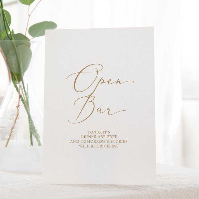 Delicate Gold Calligraphy Wedding Open Bar Pedestal Sign (Creator Uploaded)