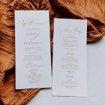 Delicate Gold Calligraphy Wedding Party Program<br><div class="desc">This delicate gold calligraphy wedding party program is perfect for a modern wedding. The romantic minimalist design features lovely and elegant champagne golden yellow typography on a white background with a clean and simple look. Include the name of the bride and groom, the wedding date and location, thank you message,...</div>