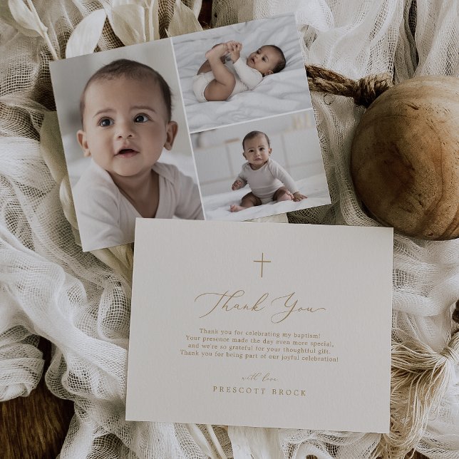 Delicate Gold Cream 3 Photo Boho Cross Baptism Thank You Card (Delicate Gold Cream 3 Photo Boho Cross Baptism Thank You Card)