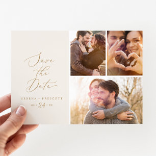 Delicate Gold Cream 3 Photo Collage Save The Date