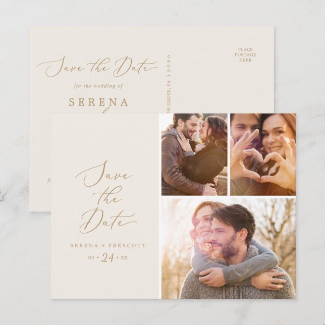 Delicate Gold Cream 3 Photo Collage Save the Date Invitation Postcard (Front/Back)