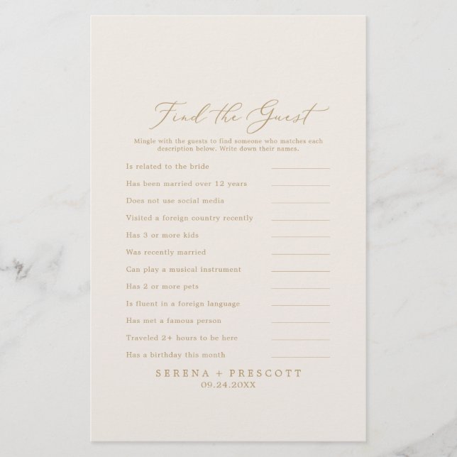Delicate Gold Cream Find the Guest Wedding Game Flyer (Front)
