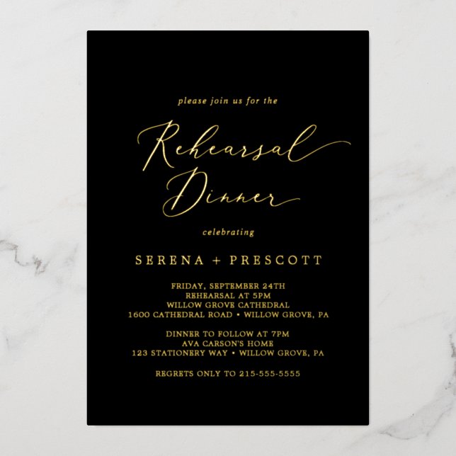 Delicate Gold Foil | Black Rehearsal Dinner (Front)