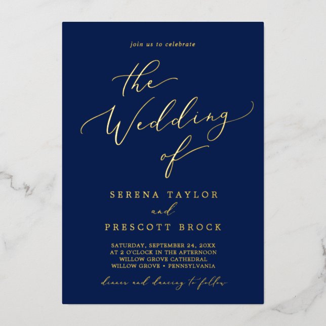 Delicate Gold Foil | Navy Blue The Wedding Of (Front)