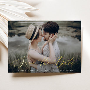 Delicate Gold Foil Script Photo Save the Date Card