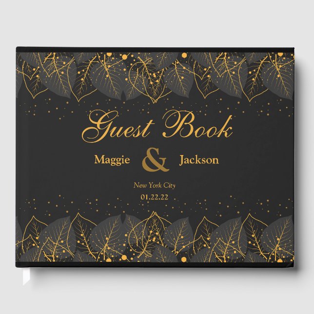 Delicate Gold Leaves Wedding Guest Book (Front)