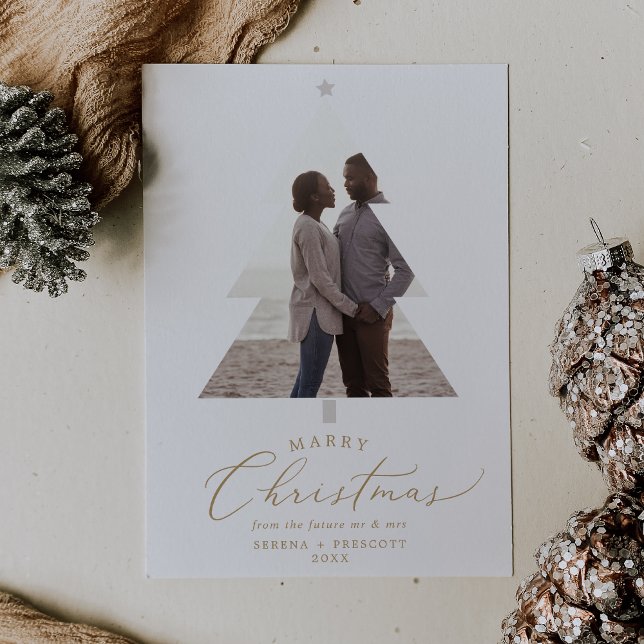 Delicate Gold Marry Christmas 1 Engagement Photo Holiday Card (Creator Uploaded)