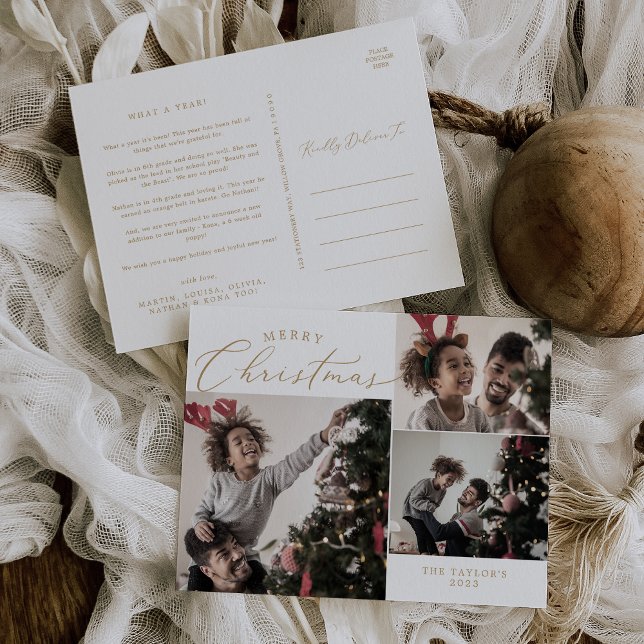 Delicate Gold Merry Christmas 3 Photo Newsletter Holiday Postcard (Creator Uploaded)