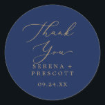 Delicate Gold Navy Thank You Wedding Favour Sticke Classic Round Sticker<br><div class="desc">These delicate gold navy thank you wedding favour stickers are perfect for a modern wedding reception. The romantic minimalist design features lovely and elegant champagne golden yellow typography on a navy blue background with a clean and simple look. Personalize the sticker labels with your names, the event (if applicable), and...</div>
