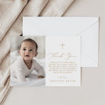 Delicate Gold Photo Minimal Simple Cross Baptism Thank You Card<br><div class="desc">This delicate gold photo minimal simple cross baptism thank you card is perfect for a modern baby baptism or christening. The romantic minimalist design features lovely and elegant champagne golden yellow typography on a white background with a clean and simple look. Personalize your religious thank you card with a photo,...</div>