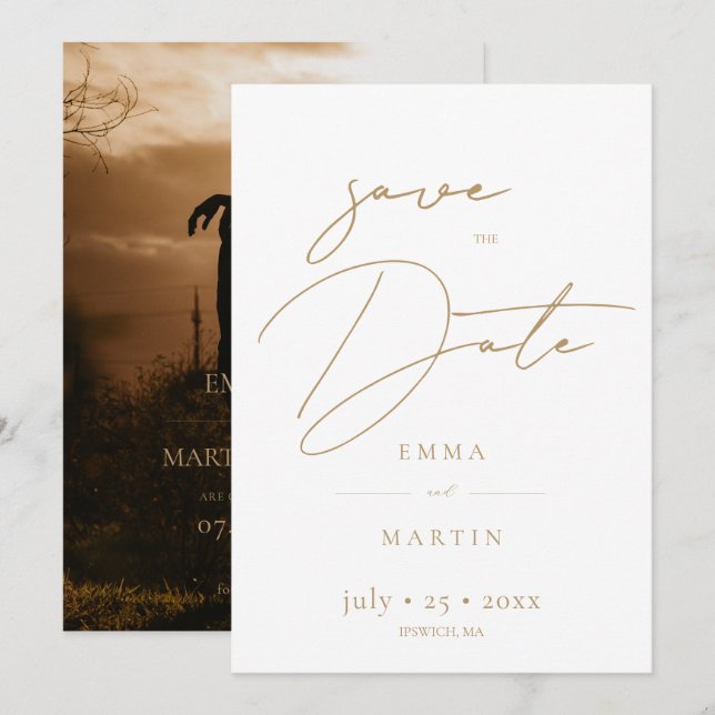Delicate Gold Script Photo Wedding  Save The Date (Front/Back)