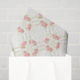 Delicate Gold Scrollwork & Pink Roses Floral Tissue Paper