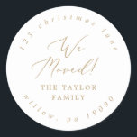 Delicate Gold We Moved Circular Return Address Classic Round Sticker<br><div class="desc">These delicate gold we moved circular return address stickers are perfect for a modern holiday card or moving announcement envelope. The romantic minimalist design features lovely and elegant champagne golden yellow typography on a white background with a clean and simple look.</div>