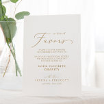 Delicate Gold Wedding In Lieu Of Favours Pedestal Sign<br><div class="desc">This delicate gold wedding in lieu of favours pedestal sign is perfect for a modern wedding. The romantic minimalist design features lovely and elegant champagne golden yellow typography on a white background with a clean and simple look. Personalize the sign with the name of your charity, your names and wedding...</div>