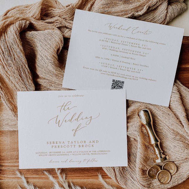Delicate Gold Weekend Events Horizontal Wedding Invitation (Delicate Gold Weekend Events Horizontal Wedding Invitation)
