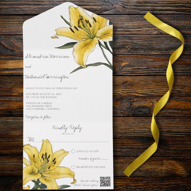 Delicate Golden Yellow Lily QR Code  All In One Invitation (Also available without QR code. )