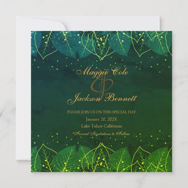 Delicate Green and Gold Leaves Save The Date (Back)