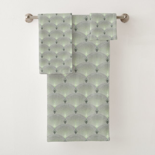 Delicate green and grey, art deco.  bath towel set (Insitu)