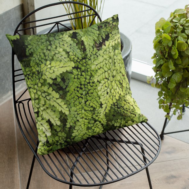 Delicate Green Maidenhair Fern Floral Outdoor Pillow (In Situ Patio)